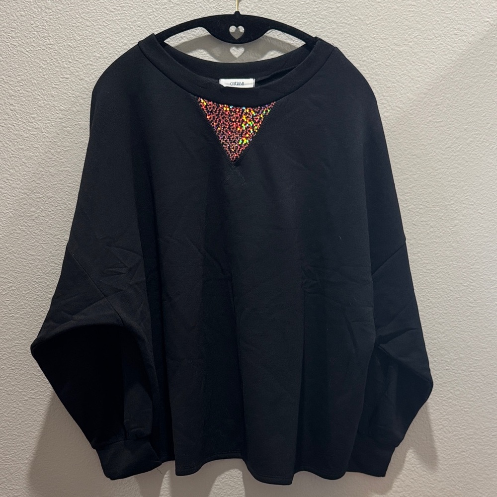 ✨ Cherish Black Sweatshirt with Neon Beaded Triangle Accent – Size L 💎🖤 - Picture 1 of 4